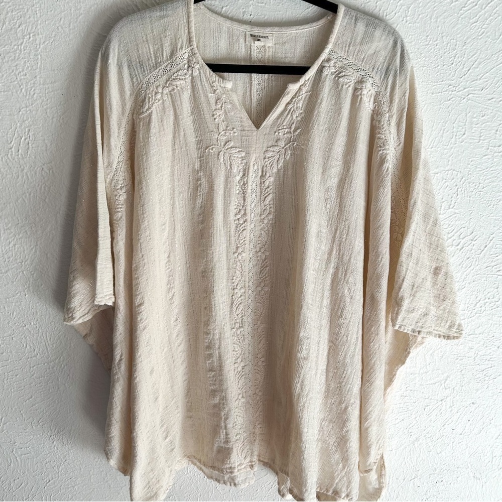 World Market Cream Embroidered Cotton Tunic Top O/S boho granola Cottagecore